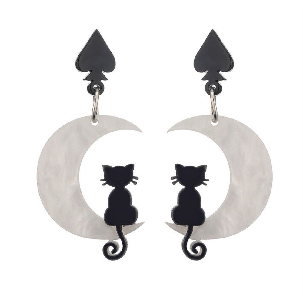 Black Cat Crescent Moon Spade Earrings Gothic Witchy Halloween Acrylic Drop NEW
